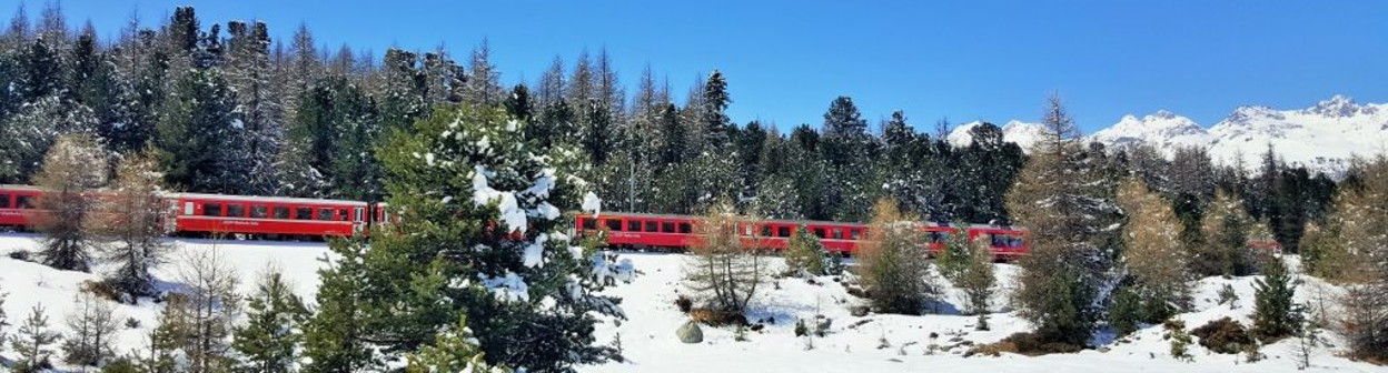 One of the older RhB trains heads towards St Moritz