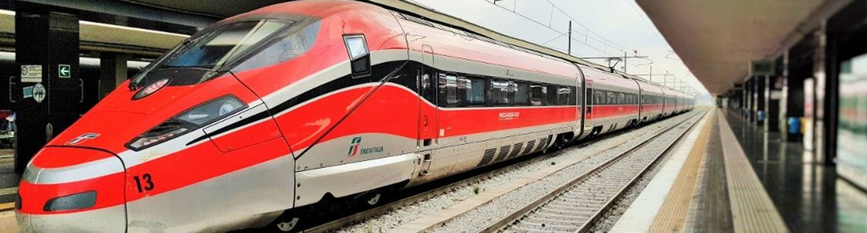 A full side view of a Frecciarossa 1000 train - two of these trains can be joined together