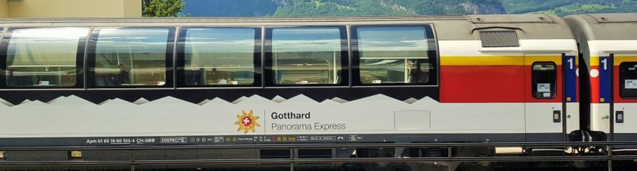 Exterior view of one of the 1st class observation cars used on the Gotthard Panorama Express