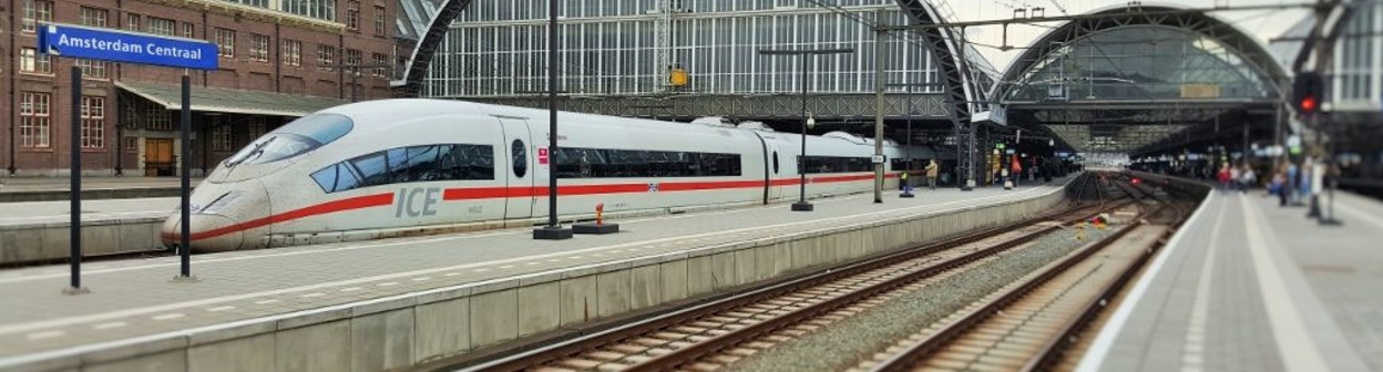 An ICE train departs from Amsterdam Centraal for Frankfurt
