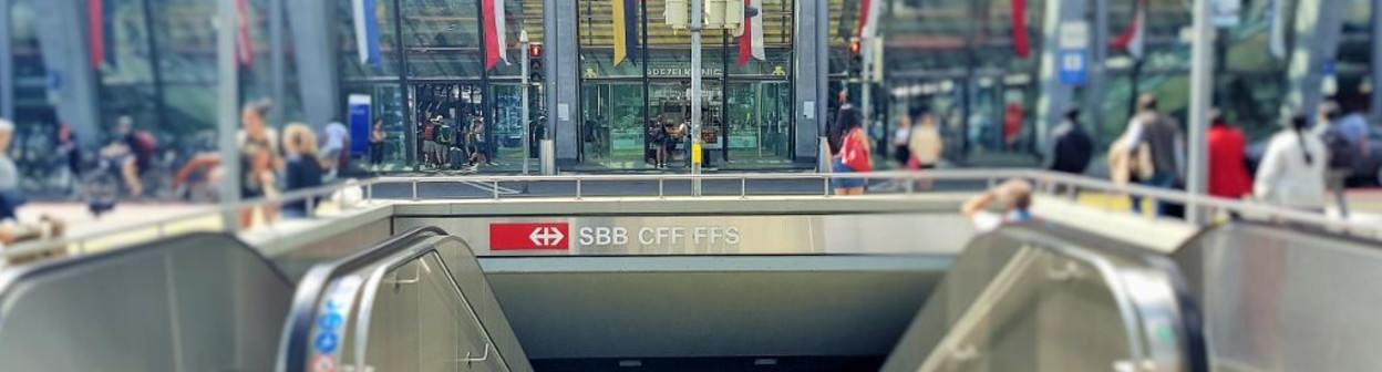 The frontage of Luzern station - you can use these escalators to avoid crossing the road in front of the station