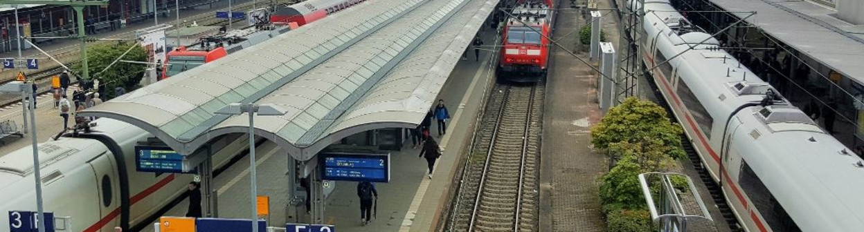 Looking down on to the train station from the tram station at Freiburg (Breisgau) Hbf