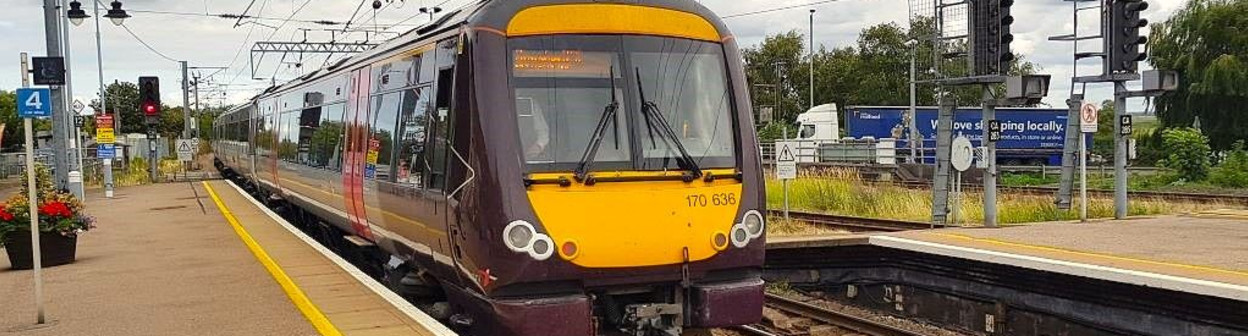 A CrossCountry Turbostar train on the Stansted Airport to Birmingham route