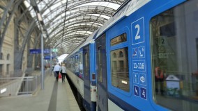 Exterior of Czech train at Dresden on a Praha - Hamburg journey