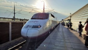 An AVE (100) train arrives in Avignon on a RENFE-SNCF service
