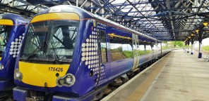 A ScotRail Turbostar train has arrived in Dundee