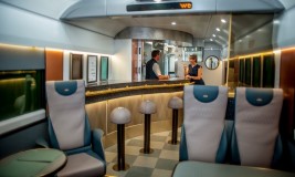 A press release photo of the recently redesigned bar car