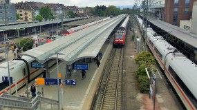 Looking down on to the train station from the tram station at Freiburg (Breisgau) Hbf