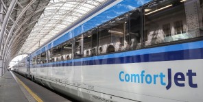 Exterior of a ColmfortJet train operated by the Czech national rail operator, CD