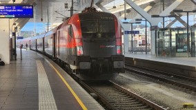 A Railjet train awaits departure from Salzburg