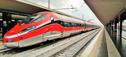 A full side view of a Frecciarossa 1000 train - two of these trains can be joined together