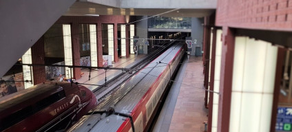 A refurbished Thalys train (on the right) arrives in Antwerpen