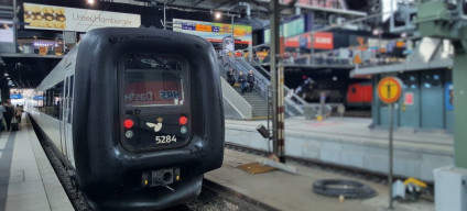 Close up of a Danish IC train on an EC service at Hamburg Hbf