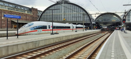 An ICE train departs from Amsterdam Centraal for Frankfurt