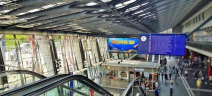 Looking down on to the concourse at Luzern station - the step free access to the trains is on the right