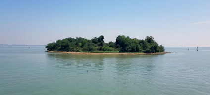 Looking over the lagoon as the train approaches Venezia S.Lucia station