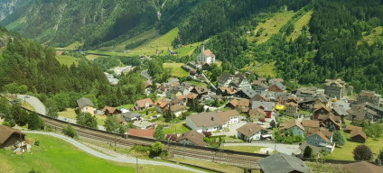 The railway spirals around the village of Wassen