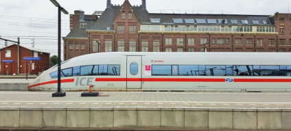 An ICE train to Germany awaits departure from Amsterdam