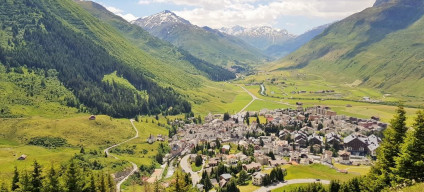 Looking down on Andermatt from a train heading to Oberalp