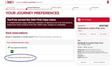 choosing specific seats on an LNER train