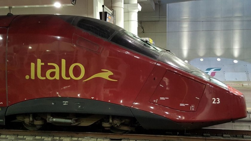 Close up of an Italo train showing the logo