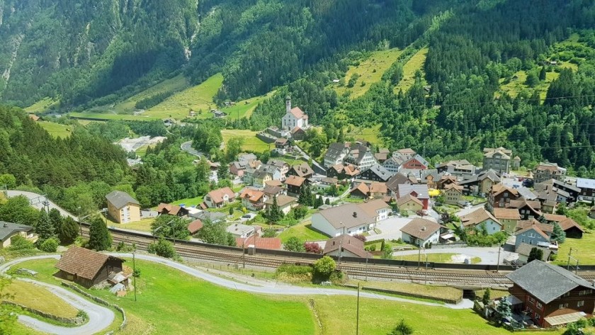 Looking down on the church at Wassen on the older Gotthard main line