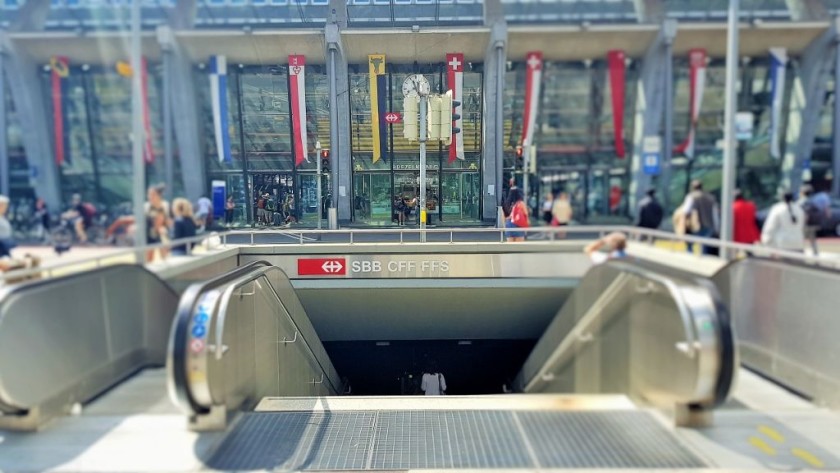 The frontage of Luzern station - you can use these escalators to avoid crossing the road in front of the station
