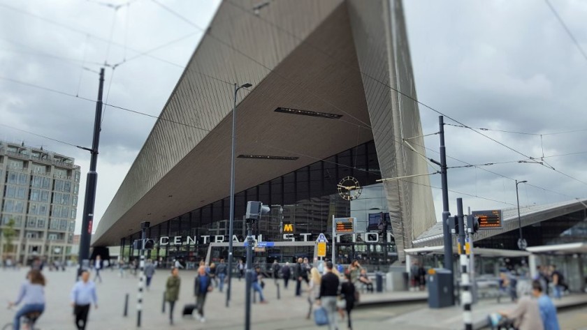 A view of the exterior of Rotterdam Centraal with the tram stops over to the right