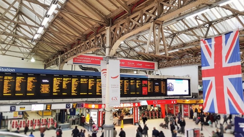 The departure screens above platforms 9 - 13 lists the Southern Railway departures on the right