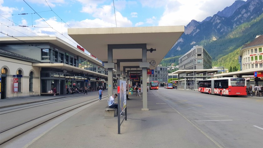 Tracks 1 and 2 for Arosa on the left, local bus stands on the right