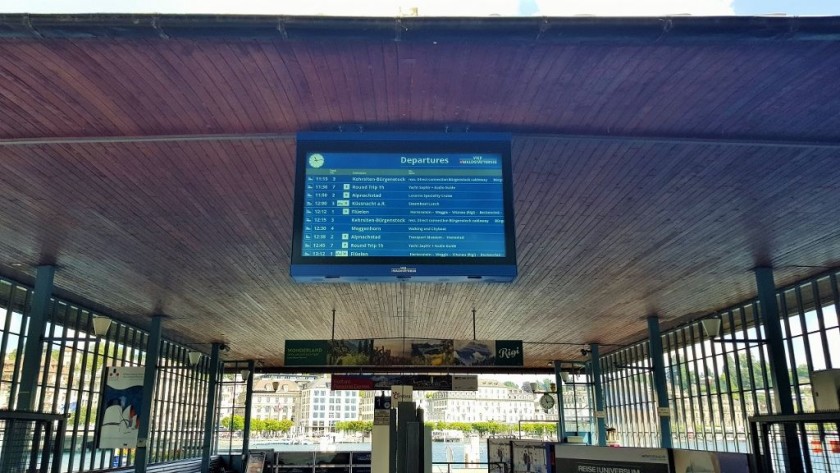 The pier houses an info screen for the boat departures