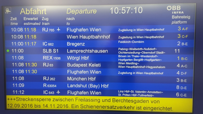 The departure screens on a bahnsteig (platform) showing the next departures from the station