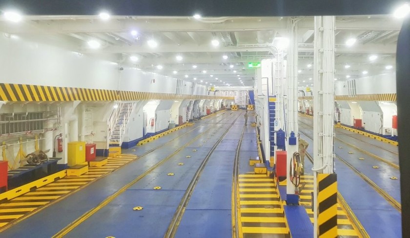 The view from the rear door of the train as it enters the ferry