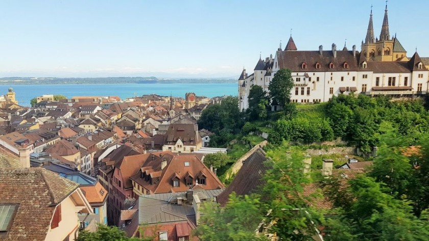 Shortly after departure from Neuchatel station look for the stunning view over the town