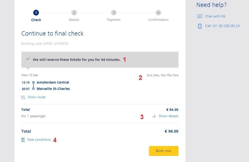 Checking the tickets you are about to book on NS International