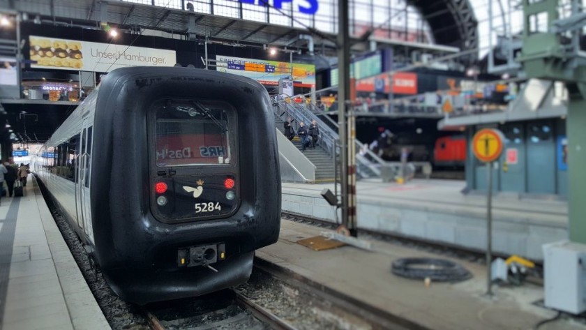 A train to Kobenhavn awaits departure from Hamburg