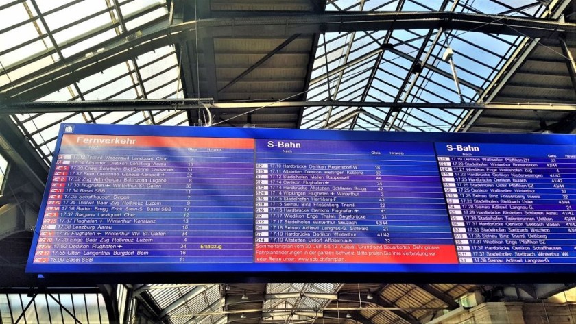 Like many European station departure boards, this one at Zurich's main station only shows the main calling points of each train