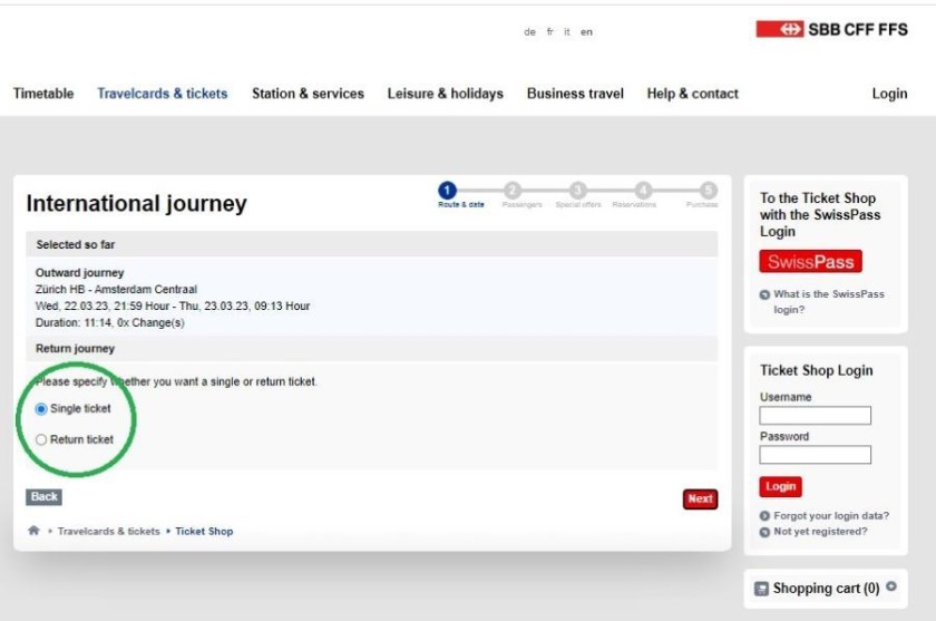 booking a night train journey with SBB