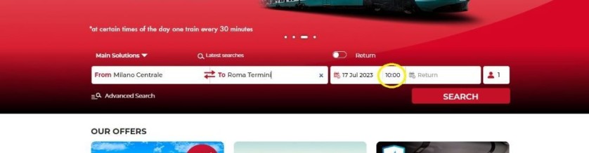 Choosing the departure time on the Trenitalia website