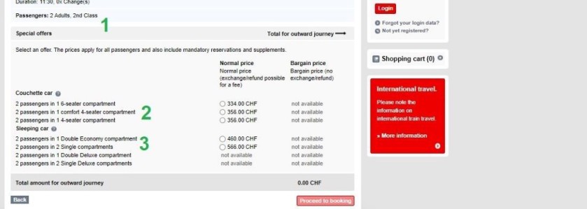 Choosing a sleeping cabin for a couple on the SBB website