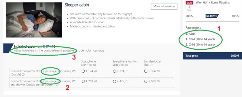 Booking a sleeping compartment for a group of 3 on a new Nightjet train