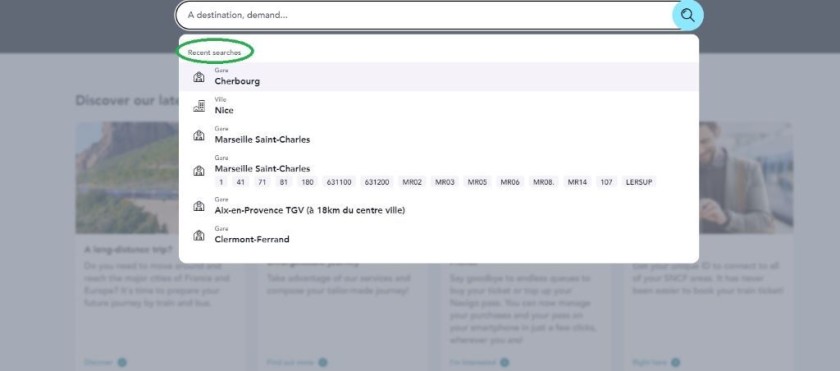 Choosing a destination on SNCF Connect