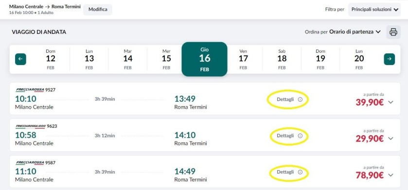 Checking which type of Frecce train will be used for a specific departure