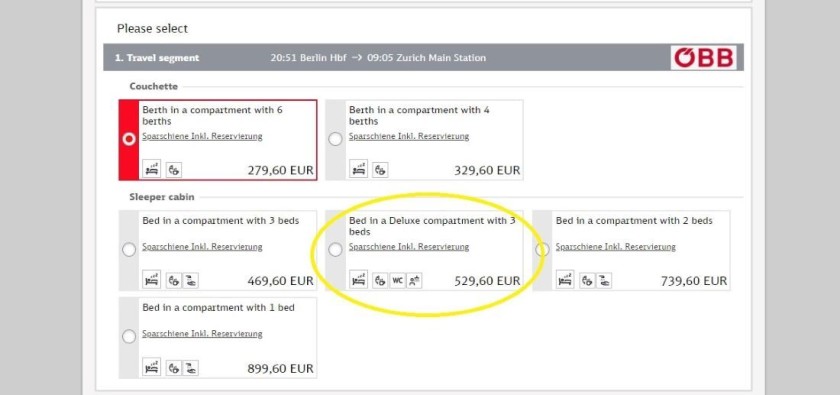 Booking sleeping cabins for a group of 4 and 5 on the DB website