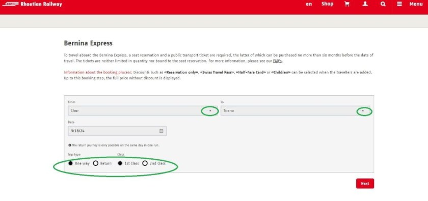 Selecting destinations and class of travel for the Bernina Express