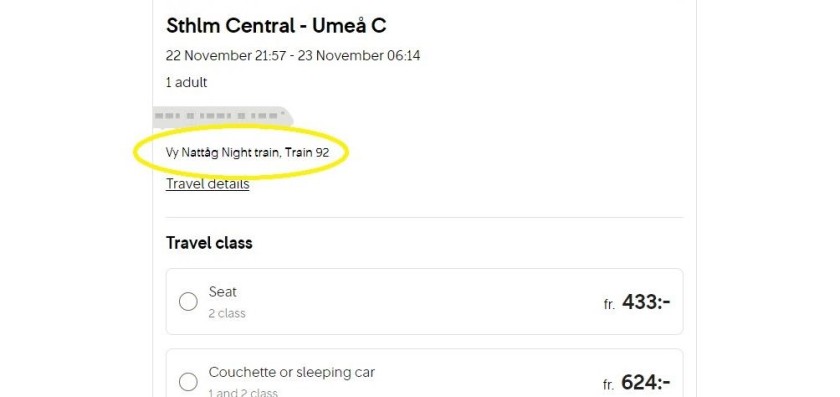 Booking the Vy night trains on the SJ website