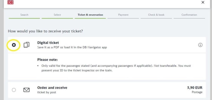 Choosing a ticket delivery option when booking with DB