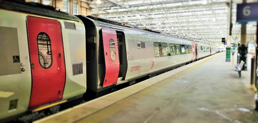 A Voyager train awaits departure from Edinburgh on its journey across the country to Plymouth
