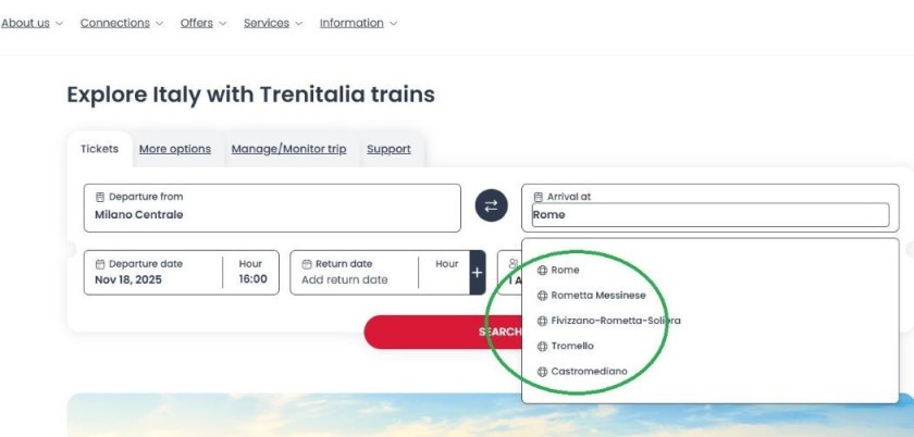 Choosing stations on the Trenitalia booking service