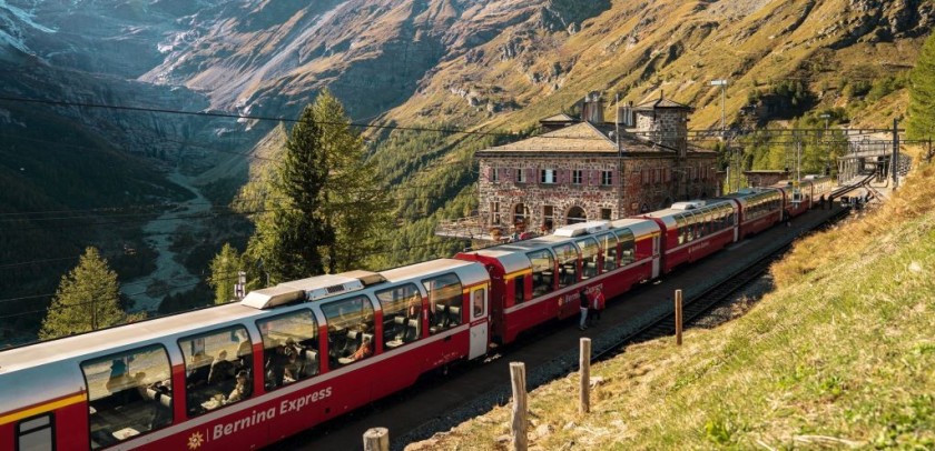 The Bernina Express pauses at a station